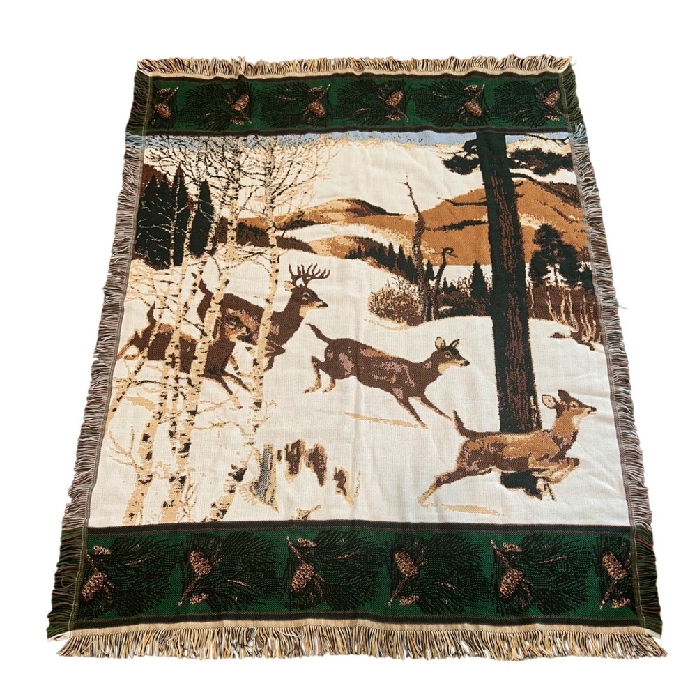 Crown Crafts Woven Tapestry Throw Blanket Winter Deer Forest Cabin Rustic Fringe